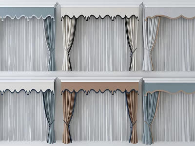 Elegant Window Curtains With Blue Beige Brown Valance And Soft Drapes For Home Interior 3d model