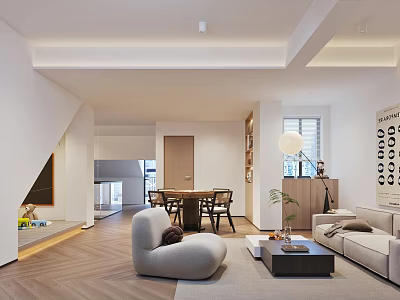 Modern Minimalist Living Space With Sofa Dining Table And Open Layout 3d model