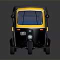 Yellow And Black Three Wheeled Vehicle With Gray Roof And Blue Seats