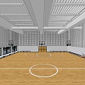 Indoor Basketball Court With Wooden Floor White Lines Multiple Hoops And Ceiling Lighting