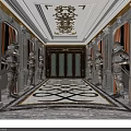Luxurious KTV Entrance With Ornate Gold Carved Ceiling Marble Walls Red Curtains And Knight Statues