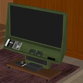 Green TV on Wooden Stand with Game Controllers Keyboard Electronics Wooden Wall Carpet