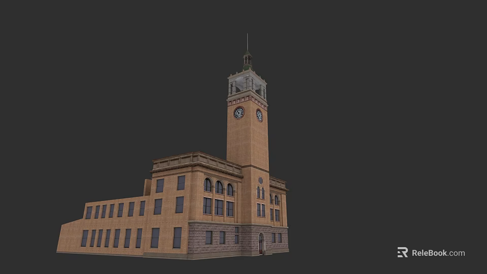 Historic Urban Building With Clock Tower Brownish Yellow Facade And Stone Base 3d model 