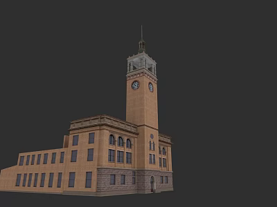 Historic Urban Building With Clock Tower Brownish Yellow Facade And Stone Base 3d model