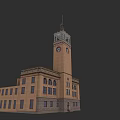 Historic Urban Building With Clock Tower Brownish Yellow Facade And Stone Base