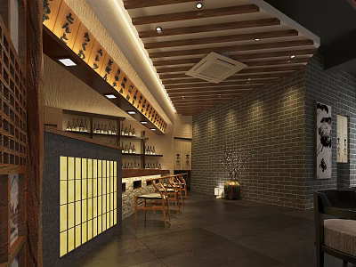 Traditional Chinese Restaurant Interior With Wooden Ceiling Brick Walls And Warm Lighting 3d model