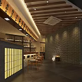 Traditional Chinese Restaurant Interior With Wooden Ceiling Brick Walls And Warm Lighting