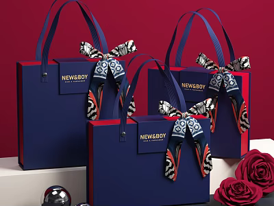 NEWBERRY Decorative Ornament Set With Blue Gift Bags Scarf Bows Red Roses And Silver Ornaments 3d model