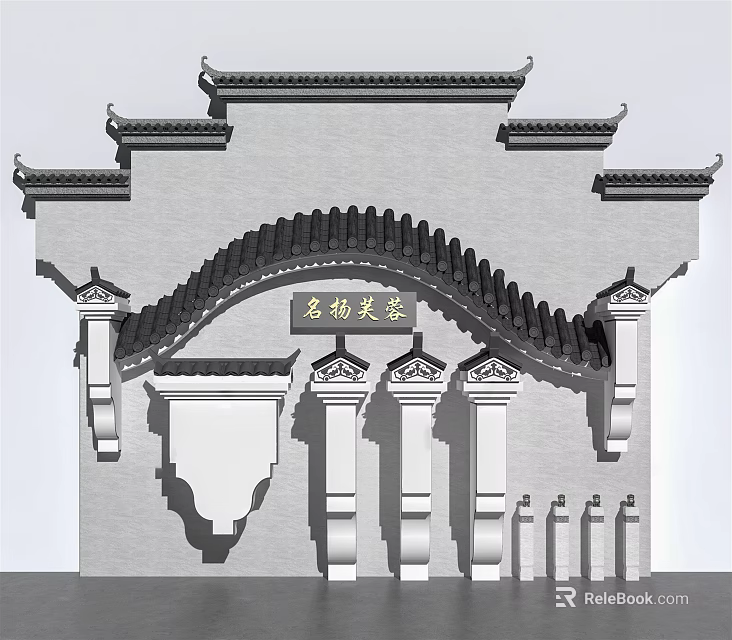 Chinese Traditional Scenic Wall With Tiled Roof Overhanging Eaves And Carved Decorations 3d model 