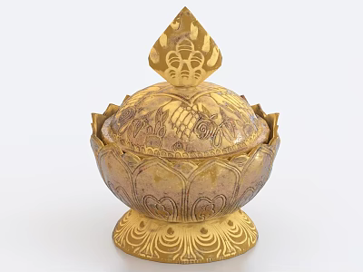 Elegant Golden Lotus Shaped Decorative Ornament Set with Intricate Carved Patterns and Lid 3d model