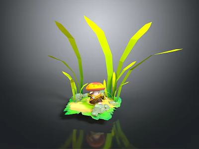 Mushroom Shaped Game Movie Character With Long Green Grass And Small Stones On Green Platform 3d model
