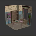 Cartoon Scene of Vintage Interior With Wooden Bookshelf Table Window And Distressed Blue Walls