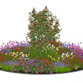 Circular Flower Bed Planter With Central Tree And Colorful Blooming Flowers