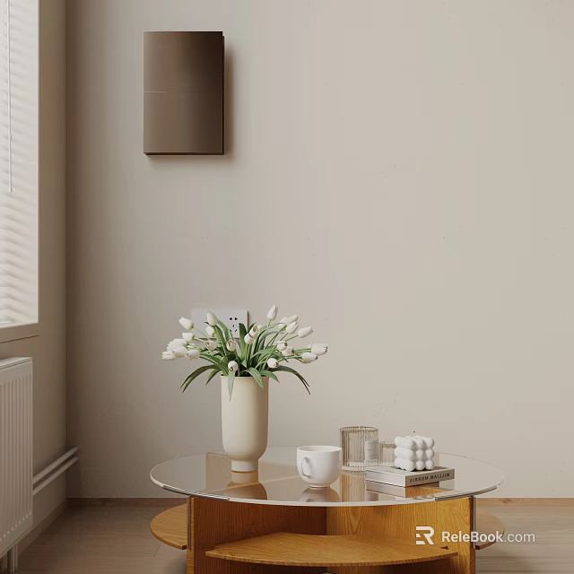 Modern Sofa and Coffee Table Set with Round Coffee Table White Vase Flowers and Books 3d model 