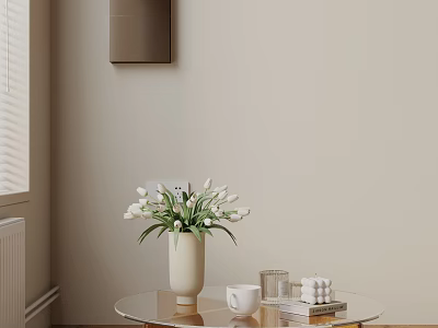Modern Sofa and Coffee Table Set with Round Coffee Table White Vase Flowers and Books 3d model
