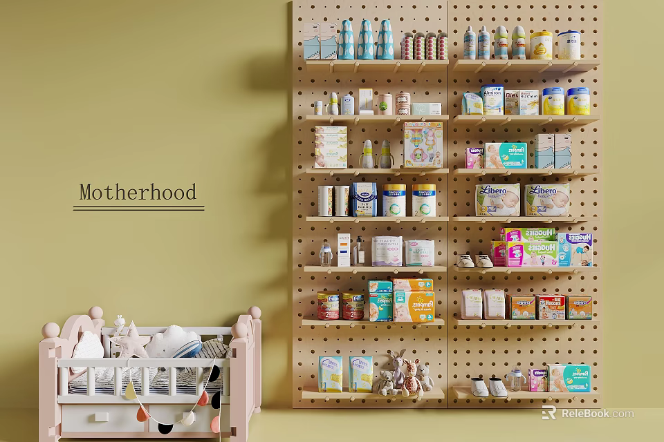 Motherhood Store Interior With Baby Crib And Pegboard Shelves Of Baby Products 3d model 