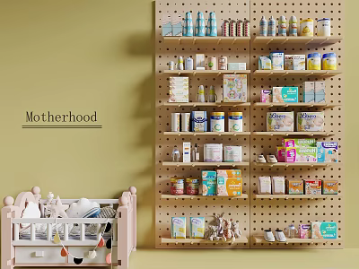 Motherhood Store Interior With Baby Crib And Pegboard Shelves Of Baby Products 3d model