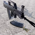 Black Assault Rifle With Tactical Grip And Barrel On Concrete Ground Against Cloudy Sky