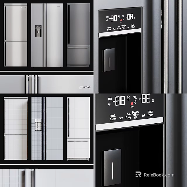 Modern Refrigerators And Freezers With Sleek Design And Digital Temperature Control Panels 3d model 