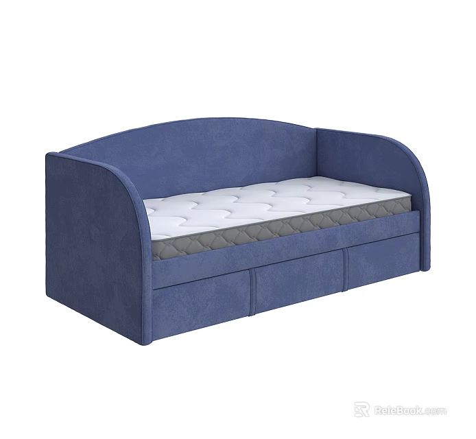 Blue Upholstered Single Bed With Comfortable Mattress And Storage Drawers 3d model 