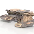 Floating Layered Rock Platform Structure With Industrial Metal Framework And Support Decks