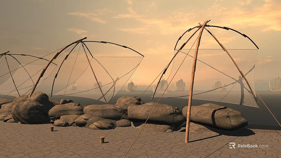 Wooden Boat On Shore With Wooden Poles Nets Rocks And Sunset Scene 3d model 