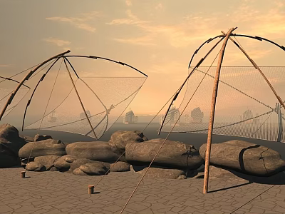 Wooden Boat On Shore With Wooden Poles Nets Rocks And Sunset Scene 3d model