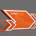 Modern Orange Exhibition Reception Desk Featuring Geometric Design White Borders And Arrow Elements
