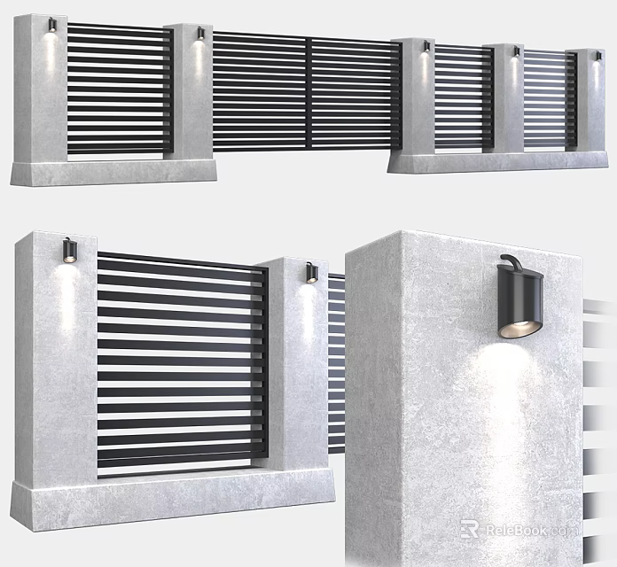 Modern Entrance Gate With Black Slatted Panels And Concrete Pillars Featuring Outdoor Wall Lamps 3d model 