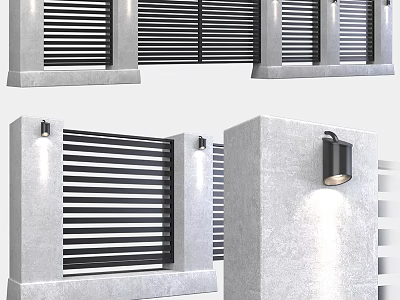 Modern Entrance Gate With Black Slatted Panels And Concrete Pillars Featuring Outdoor Wall Lamps 3d model