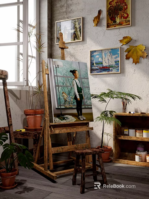 Art Studio Easel With Canvas Painting And Paint Supplies Near Potted Plants 3d model 