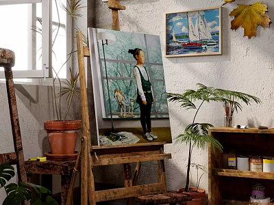 Art Studio Easel With Canvas Painting And Paint Supplies Near Potted Plants 3d model