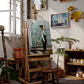 Art Studio Easel With Canvas Painting And Paint Supplies Near Potted Plants
