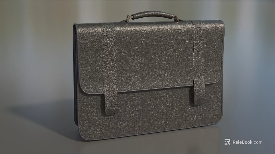 Classic Dark Gray Leather Briefcase with Top Handle and Front Straps for Business Professional 3d model 