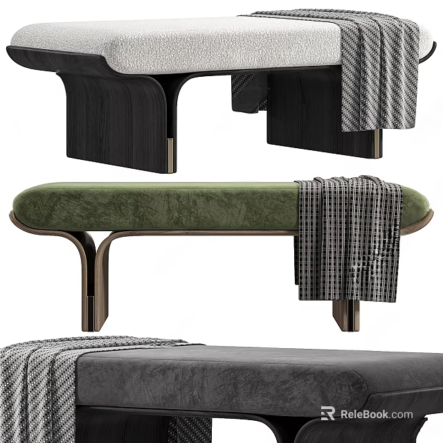 Green Upholstered Stool With Wooden Legs And Plaid Blanket Draped On Top 3d model 