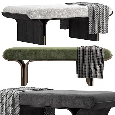 Green Upholstered Stool With Wooden Legs And Plaid Blanket Draped On Top 3d model