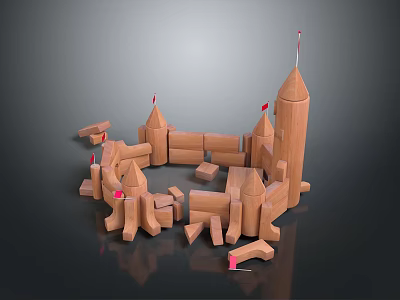 Wooden Castle Building Structure With Towers Walls And Red Flags 3d model