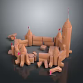 Wooden Castle Building Structure With Towers Walls And Red Flags