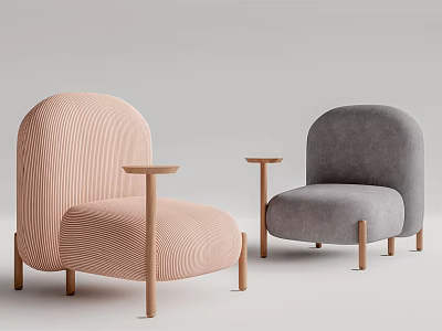 Pink and Gray Armchairs Featuring Wavy Texture with Wooden Legs and Side Tables 3d model
