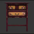 Red Entryway Cabinet Sideboard With Yellow Drawer Panels Floral Patterns Two Drawers And Lower Shelf