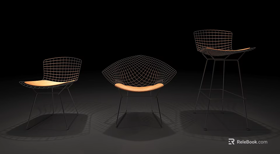 Three Modern Leisure Chairs With Metal Frame Wire Mesh Backrest And Wooden Seat 3d model 