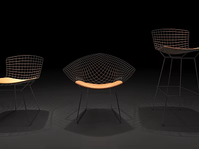 Three Modern Leisure Chairs With Metal Frame Wire Mesh Backrest And Wooden Seat 3d model