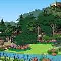 Pergola in Lush Garden with Colorful Trees Stone Pathway and Flowers