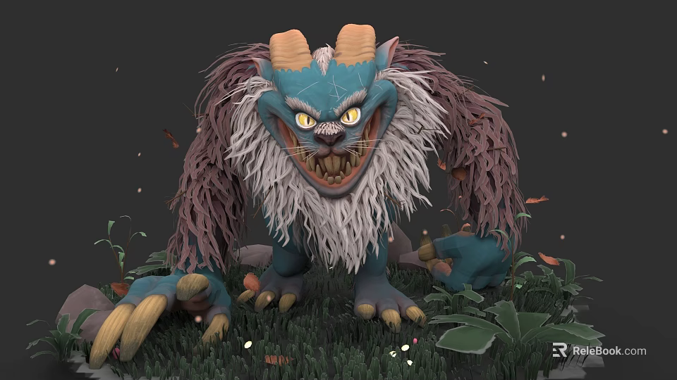 Game Movie Character With Blue Skin Orange Horns White Beard Sharp Claws And Green Plants 3d model 