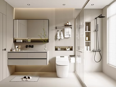 Modern Bathroom Interior Design With Wall Mounted Vanity Large Mirror And Glass Shower Enclosure 3d model