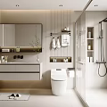 Modern Bathroom Interior Design With Wall Mounted Vanity Large Mirror And Glass Shower Enclosure