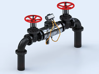 Black Piping System with Red Valve Handles and Instrument with Yellow Cable 3d model