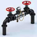 Black Piping System with Red Valve Handles and Instrument with Yellow Cable