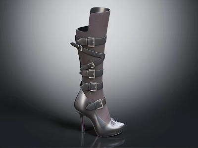 Fashionable Knee High Leather Boots with High Heel and Buckle Straps 3d model