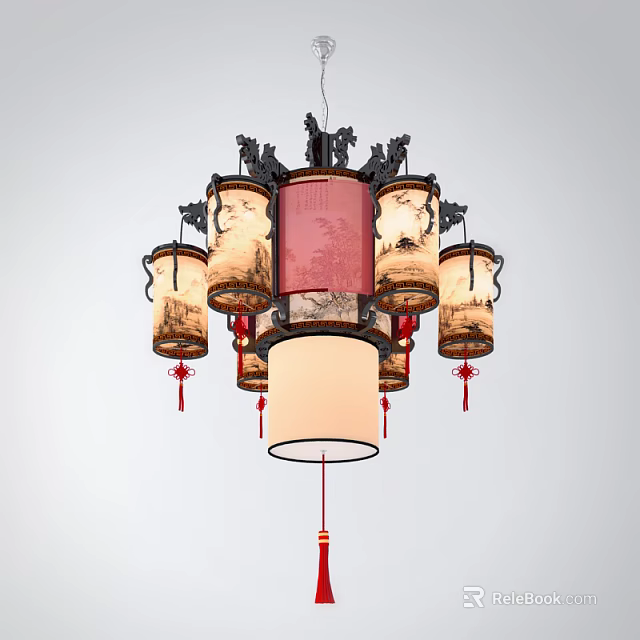 Traditional Chinese Style Chandelier With Lantern Shaped Shades And Red Decorative Tassels 3d model 
